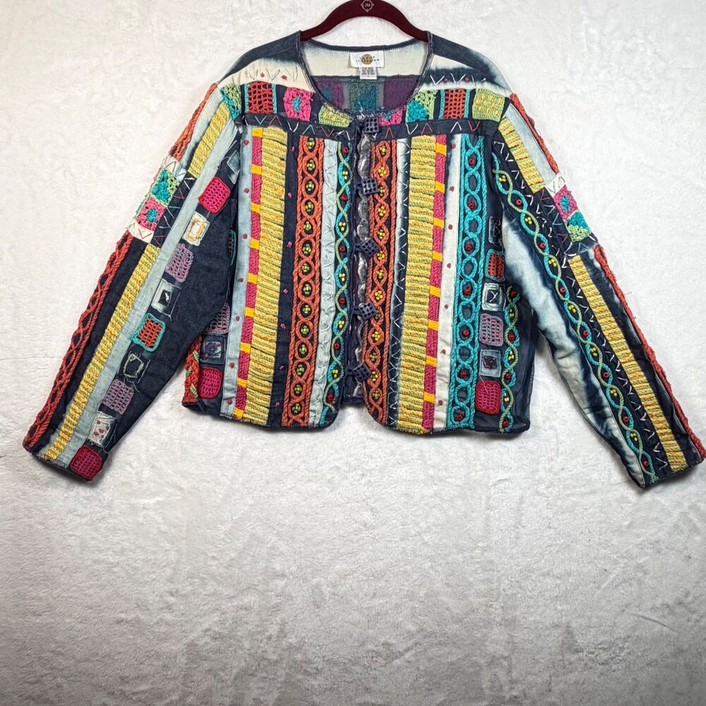 Sandy Starkman Art to Wear Jacket L Patchwork Embroidered Beaded Boho